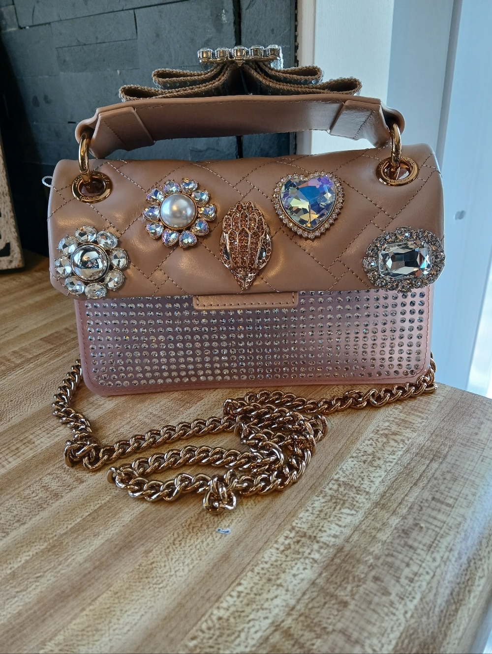 Kurt Geiger Quilted bronze Jeweled Crossbody Bag with Gold Chain